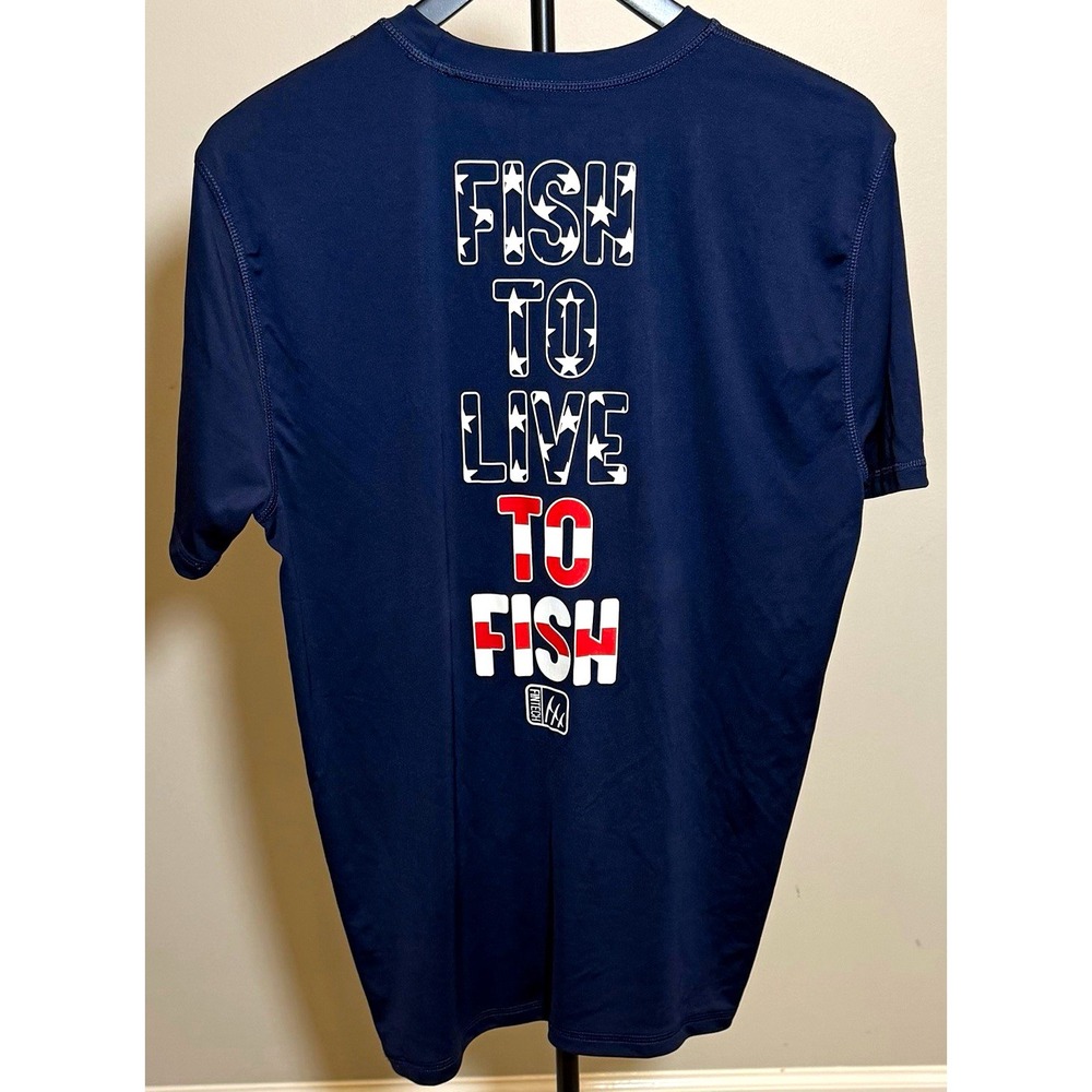 Fintech Men's M Blue Graphic Logo T-Shirt Polyester Crew Neck Fishing Tee EUC